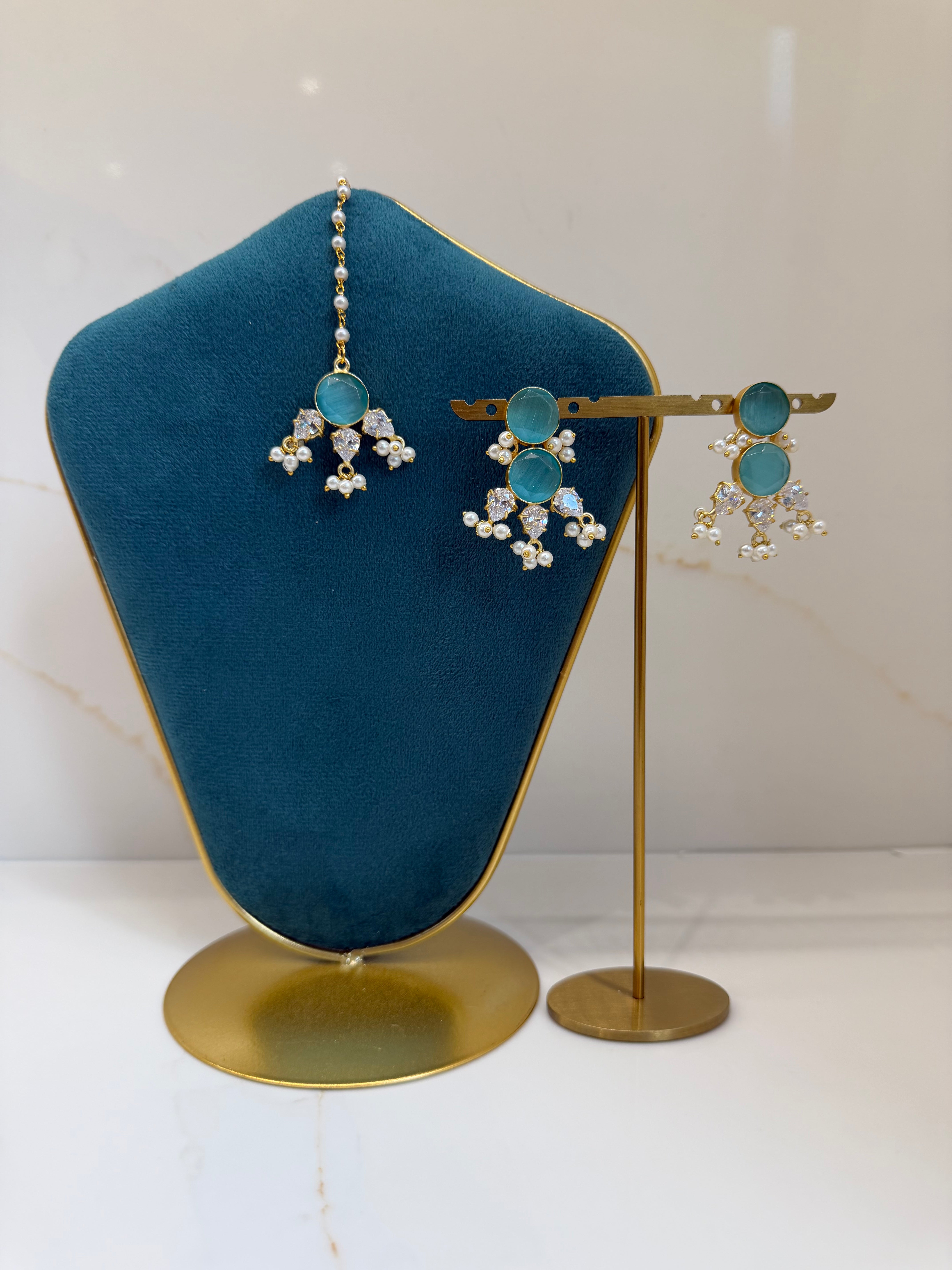 Soft aqua-teal pearl tikka set