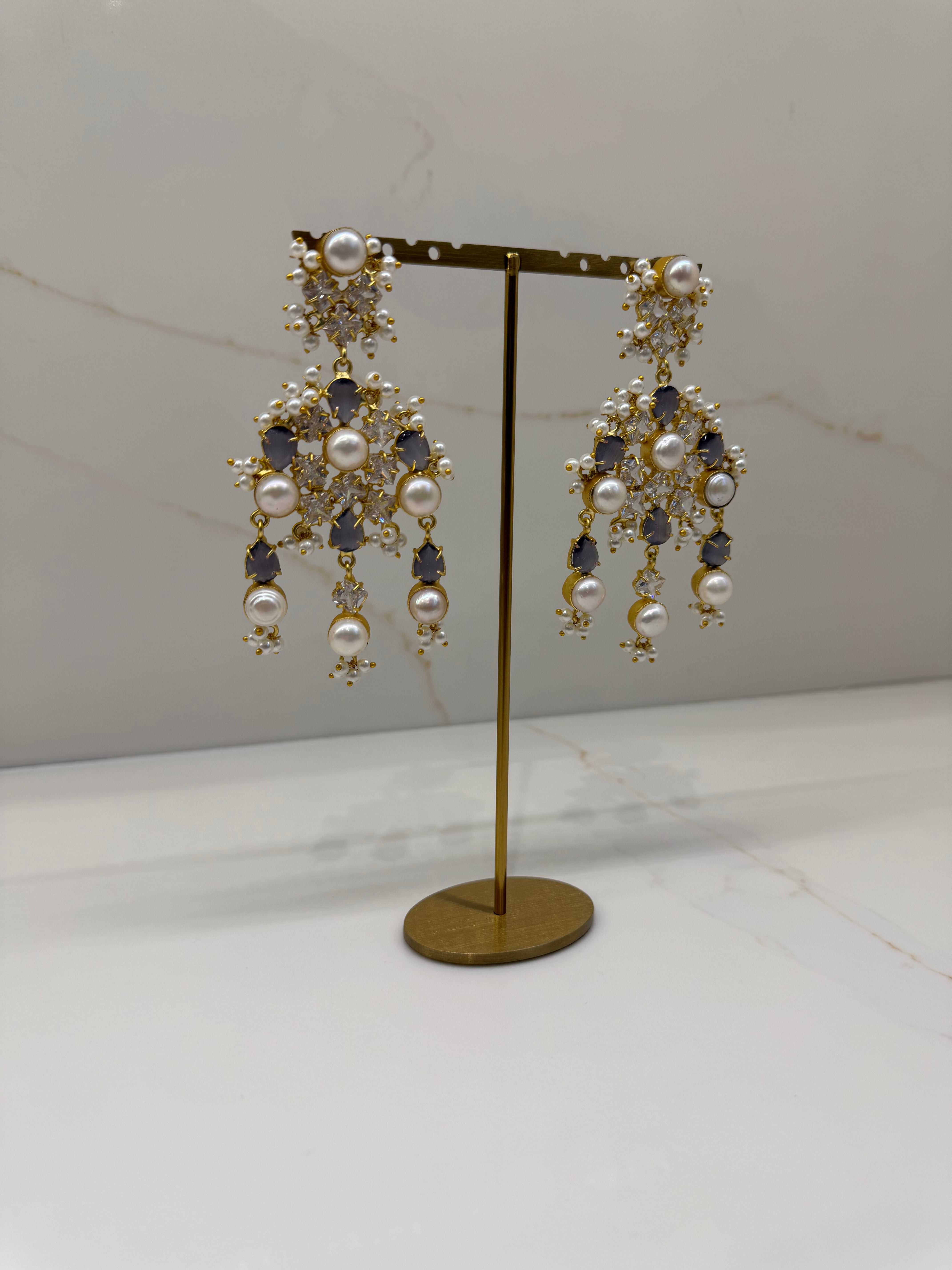 Pearl and lilac chandelier earrings